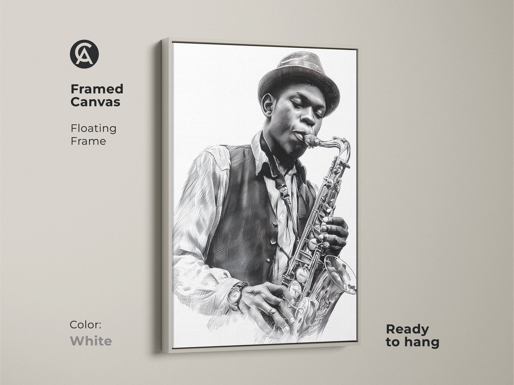 Framed canvas print of a jazz musician with a saxophone. The floating frame is white. This ready to hang art print offers a clean modern look. This framed artwork complements any decor. Shop now and elevate your space.