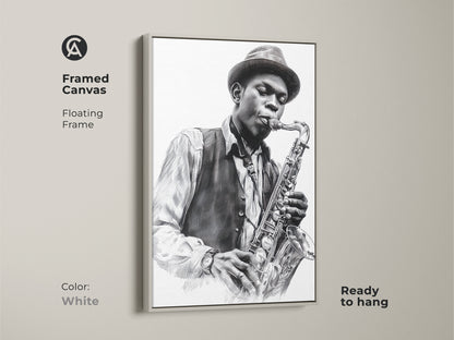 Framed canvas print of a jazz musician with a saxophone. The floating frame is white. This ready to hang art print offers a clean modern look. This framed artwork complements any decor. Shop now and elevate your space.