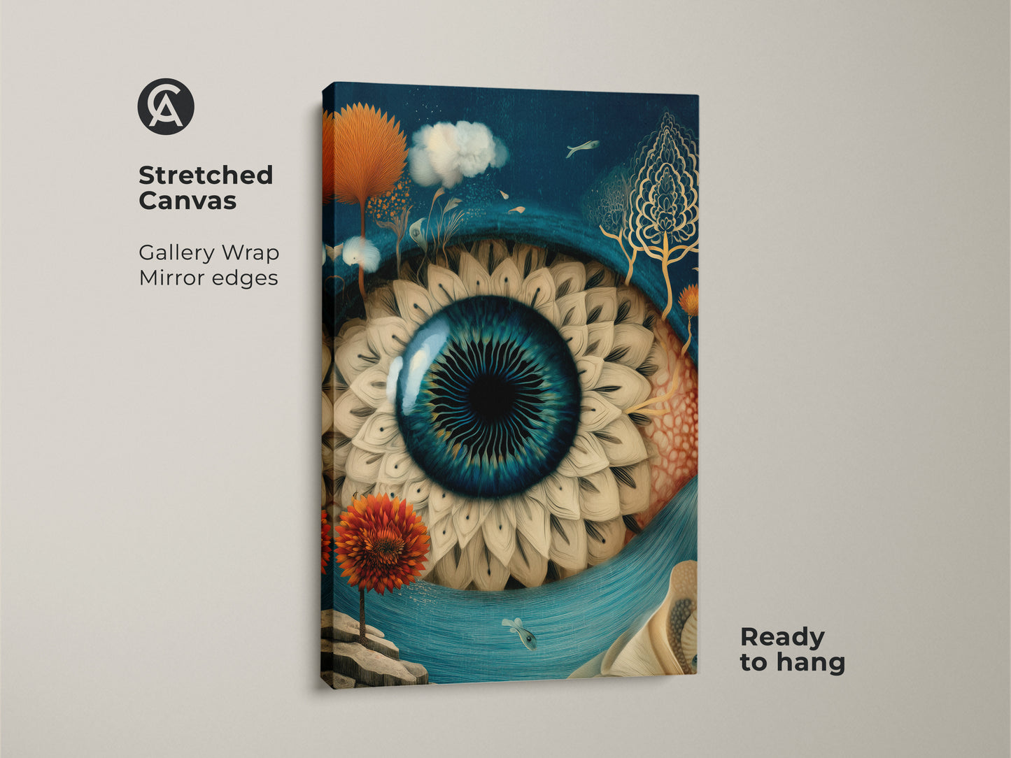 Stretched canvas gallery wrap of a surreal eye art print. This deep blue gold artwork features mirror edges ready to hang. The eclectic fish fantasy print is ideal for eclectic bedroom decor. It enhances any home office with nature surrealism art.