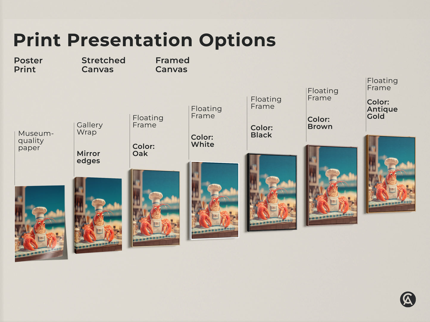Explore print presentation options for lobster chef artwork. Choose from poster prints stretched canvas or framed canvas. Each option offers a unique way to display this humorous artwork. Find the perfect style to match your home decor. Shop now!