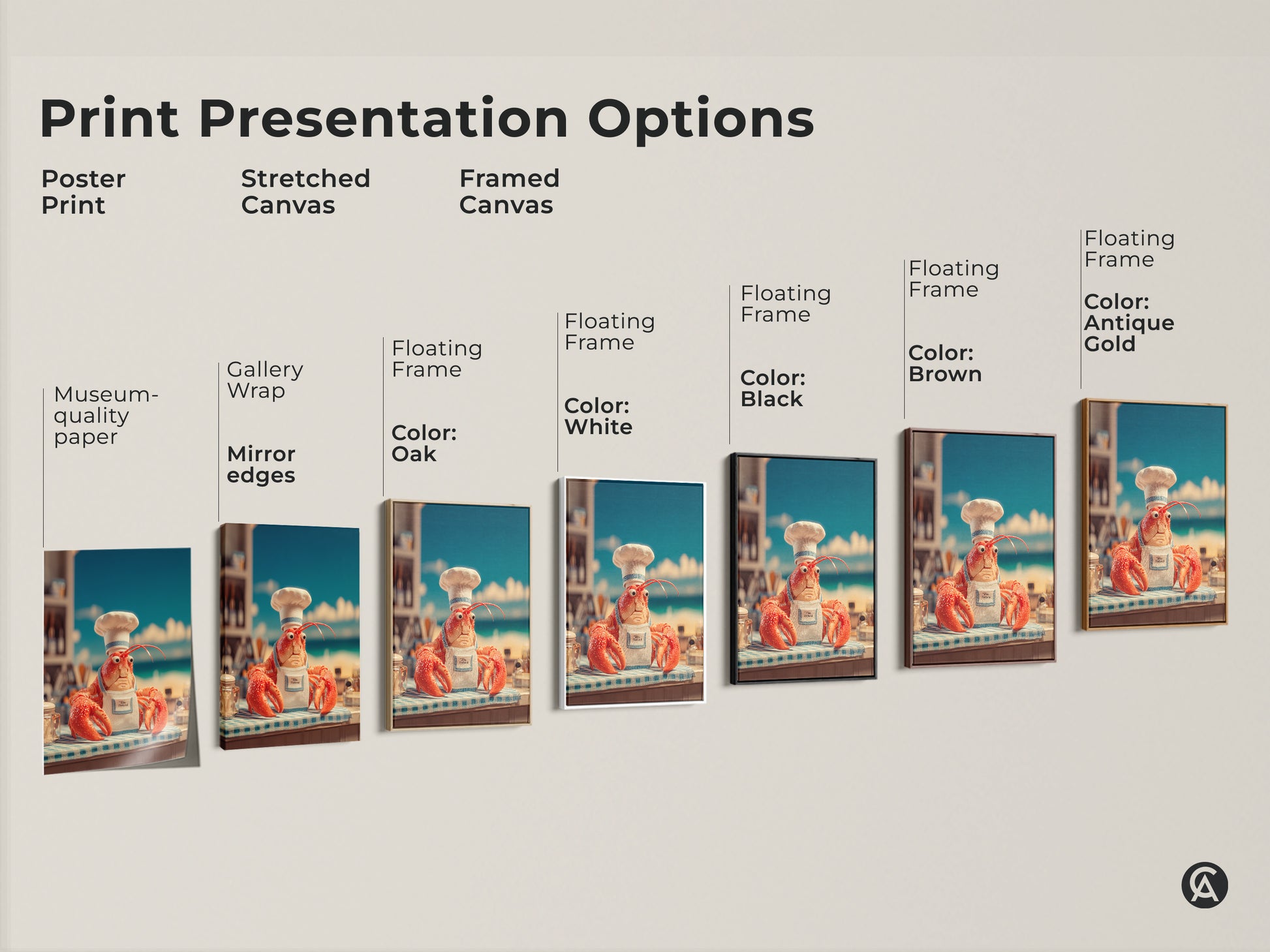 Explore print presentation options for lobster chef artwork. Choose from poster prints stretched canvas or framed canvas. Each option offers a unique way to display this humorous artwork. Find the perfect style to match your home decor. Shop now!