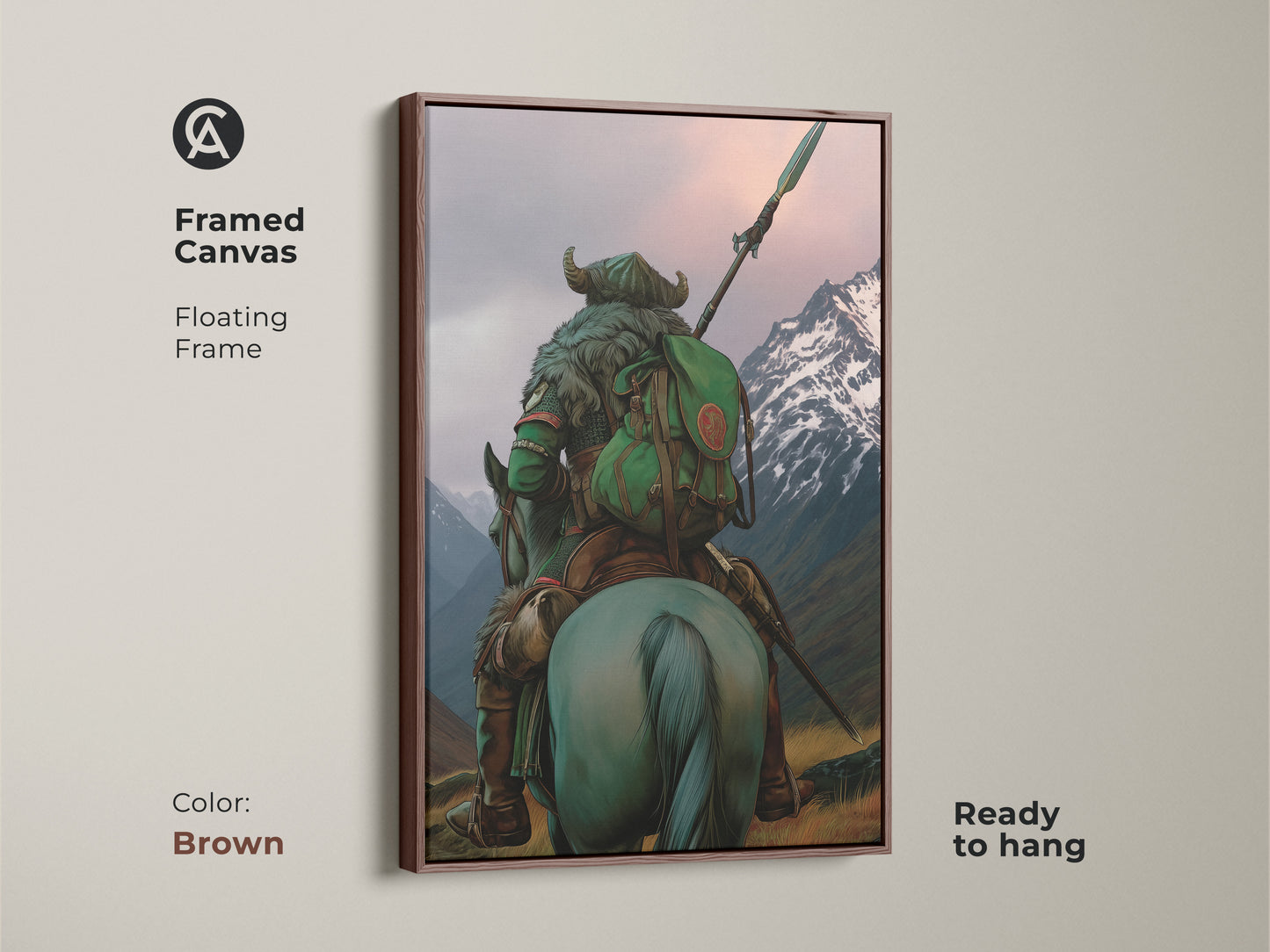 Enhance your home decor with this framed canvas art featuring a medieval horse rider. The floating frame in brown complements the teal and grey tones of the fantasy landscape. Ready to hang. Ideal as adventure wall art. A unique dark fantasy warrior artwork for fantasy lovers.