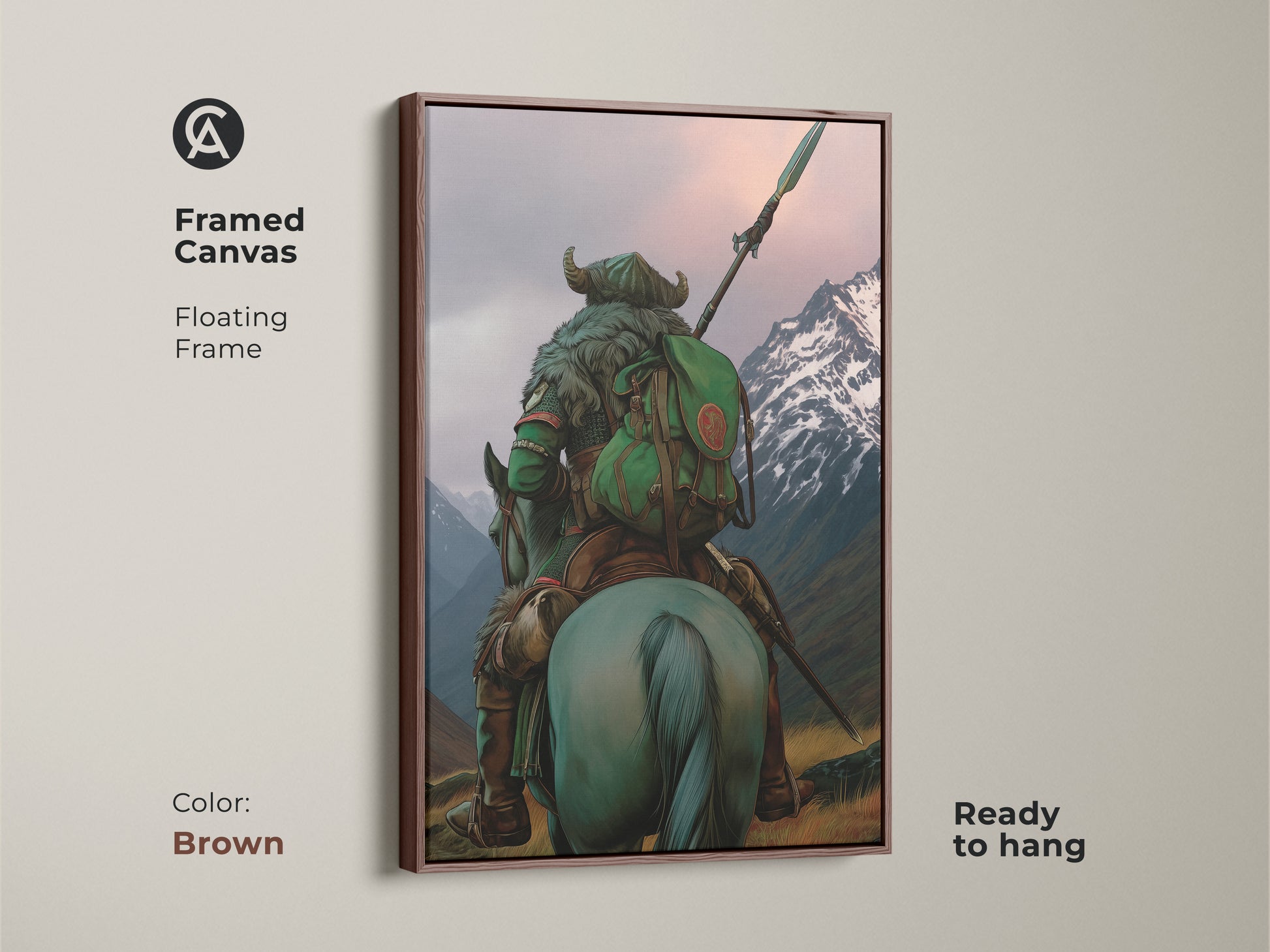 Enhance your home decor with this framed canvas art featuring a medieval horse rider. The floating frame in brown complements the teal and grey tones of the fantasy landscape. Ready to hang. Ideal as adventure wall art. A unique dark fantasy warrior artwork for fantasy lovers.