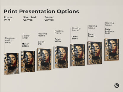 Print presentation options for abstract woman portrait artwork. Includes poster print stretched canvas and framed canvas. Floating frame available in oak white black brown and antique gold colors. Museum quality paper.