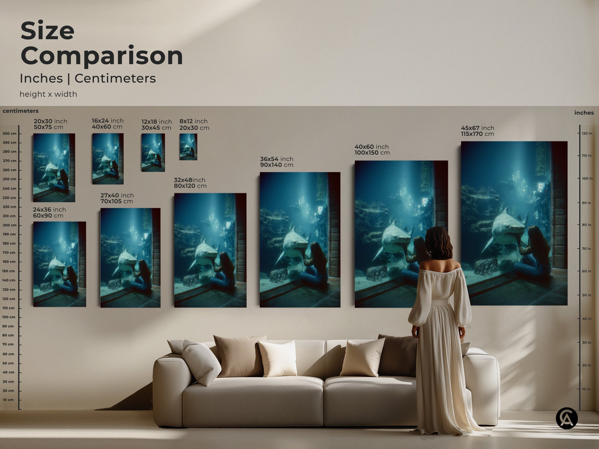 Size comparison of Oceanic Encounter art. See how the sizes look above a couch. Ranging from small to large. The artwork shows the blue green underwater scene with a woman and shark. Contemporary marine life decor for any living room. Perfect housewarming gift. Transform your space with ocean art.