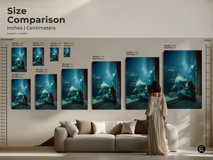 Size comparison of Oceanic Encounter art. See how the sizes look above a couch. Ranging from small to large. The artwork shows the blue green underwater scene with a woman and shark. Contemporary marine life decor for any living room. Perfect housewarming gift. Transform your space with ocean art.