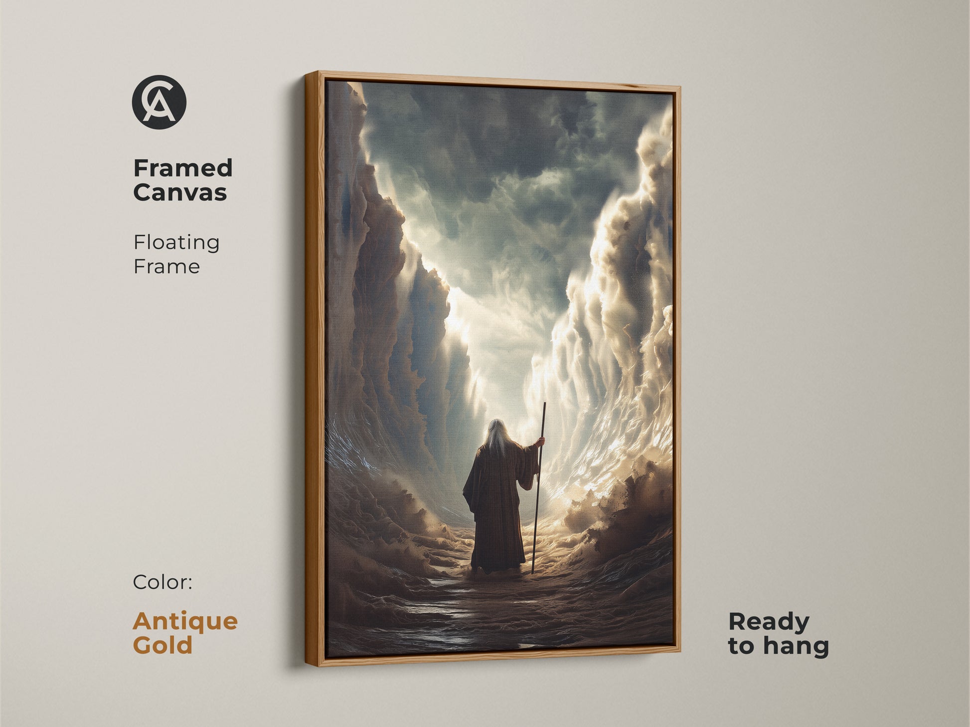 Enhance your home with this framed canvas art of Moses parting the Red Sea. The floating frame adds a touch of elegance. This ready-to-hang religious artwork in antique gold will inspire daily reflection and add a touch of history to any space.