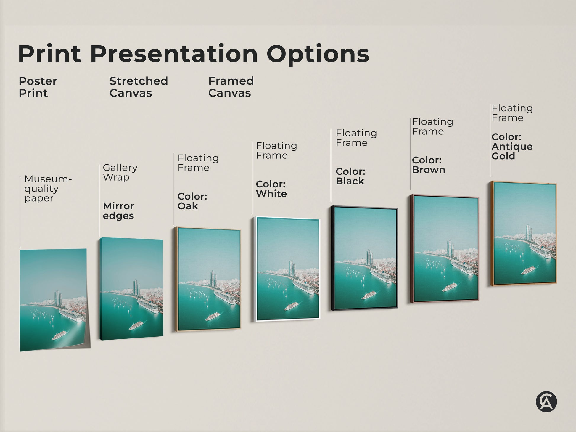 Print presentation options include poster stretched and framed canvas. Each features teal ocean cityscape art with an aerial cruise ship and sailboats. Choose museum quality paper gallery wrap or a floating frame to match your decor.