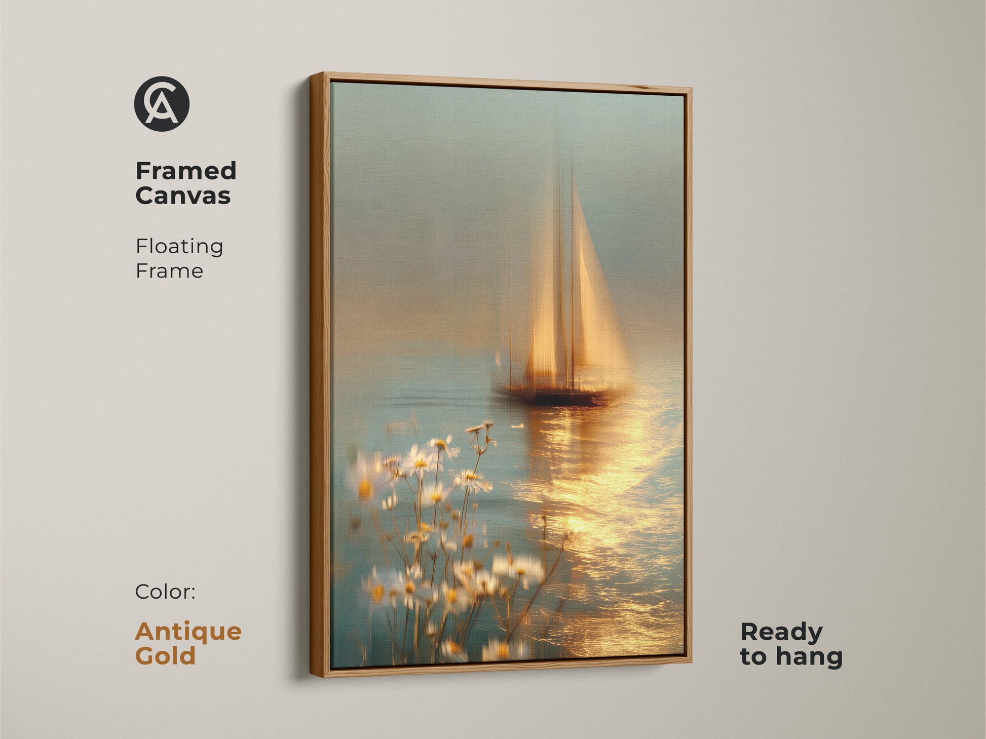 Framed canvas of impressionistic sailboat artwork in an antique gold floating frame. This nautical artwork features calming teal and gold tones. Ready to hang and perfect for house decor. Ideal housewarming gift for lovers of the sea and sailing boat art.