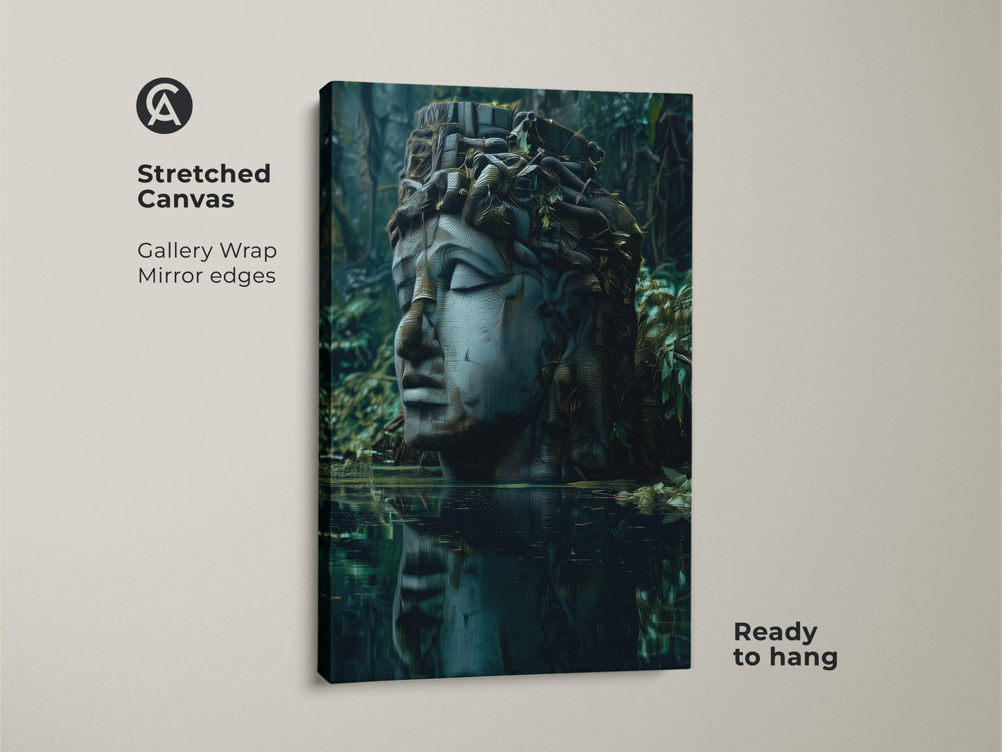 Stretched canvas featuring surrealist sculpture art. The mythology head wall art has deep blues grays and greens. Ready to hang dark academia canvas print with gallery wrap and mirror edges. Great housewarming gift.