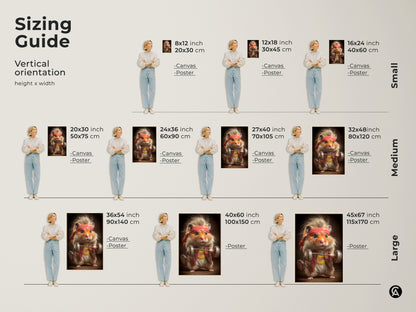 Sizing guide for the funny hamster lifting weights wall art. Ranging from small to large sizes. See how the artwork will look on your wall. Choose the ideal dimensions for your space with our vertical orientation guide. Perfect for any fitness enthusiast or hamster lover.