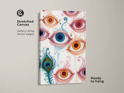 Stretched Canvas of Abstract Eye artwork. A surreal peacock feather print creates a whimsical feel. This floral swirls canvas art is ready to hang with mirror edges. An eclectic accent for home decor.