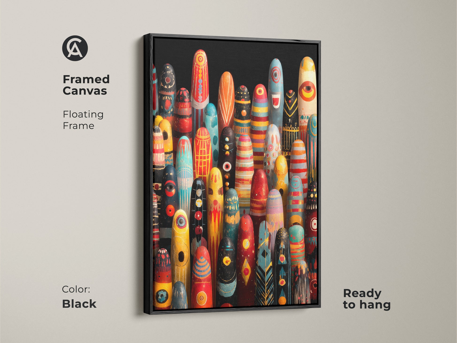 Framed canvas abstract tribal figurines wall art. Black floating frame is ready to hang. The colorful folk art canvas print adds a unique eclectic touch. This tribal motif wall decor print uses red yellow and teal. A great housewarming gift for boho art lovers.