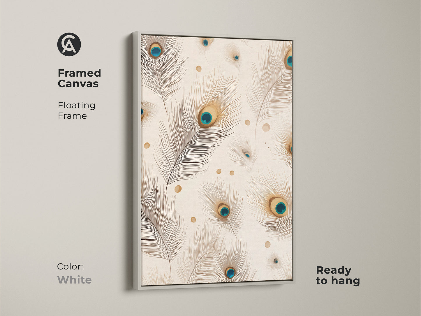 Framed canvas with a white floating frame. Displays peacock feather artwork with beige teal and gold accents. This minimalist animal art is ready to hang. Elegant bird decor.