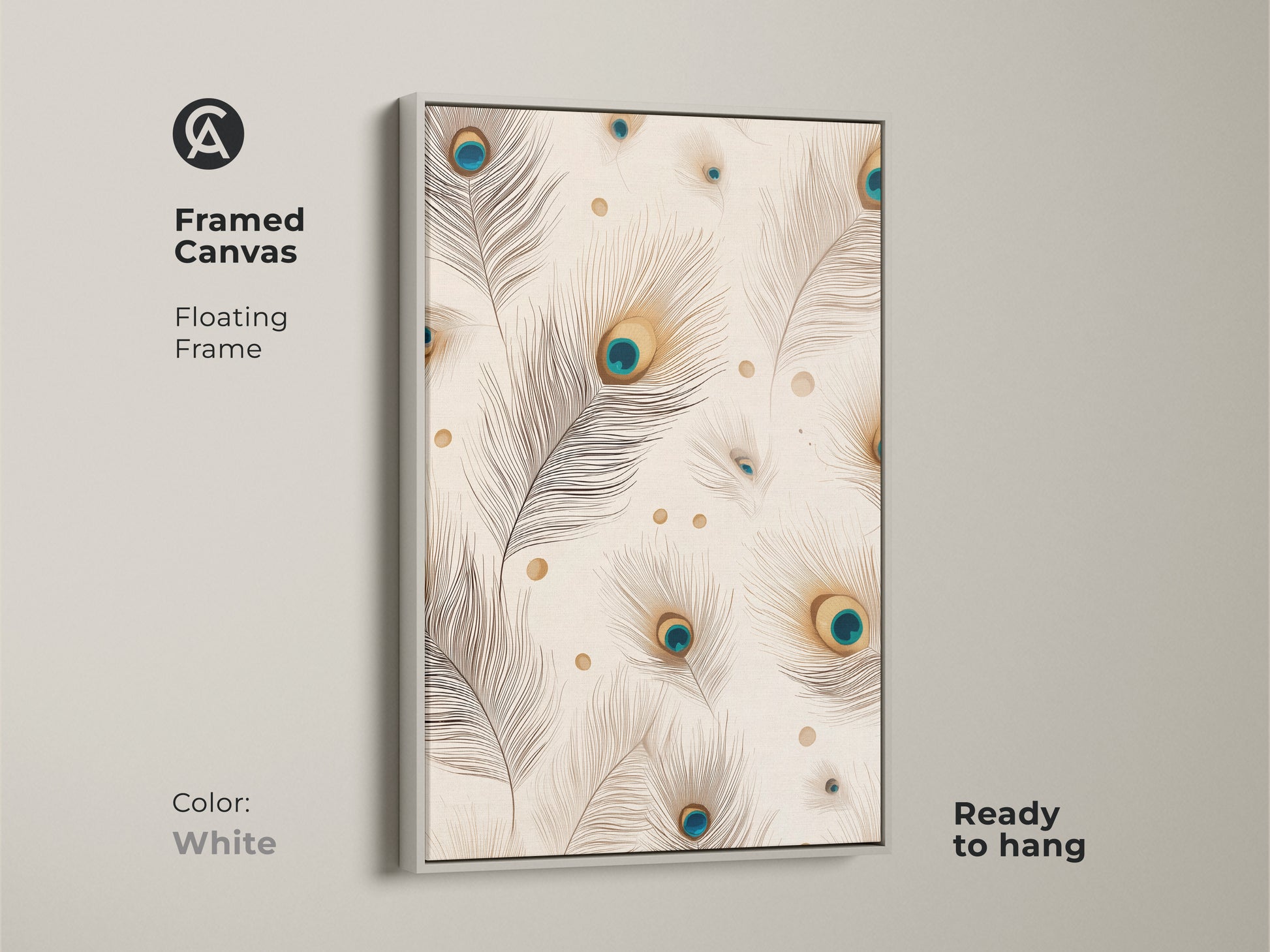 Framed canvas with a white floating frame. Displays peacock feather artwork with beige teal and gold accents. This minimalist animal art is ready to hang. Elegant bird decor.