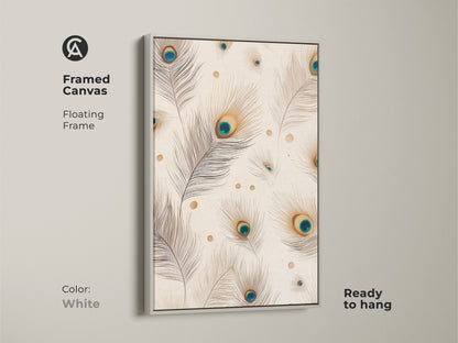 Framed canvas with a white floating frame. Displays peacock feather artwork with beige teal and gold accents. This minimalist animal art is ready to hang. Elegant bird decor.