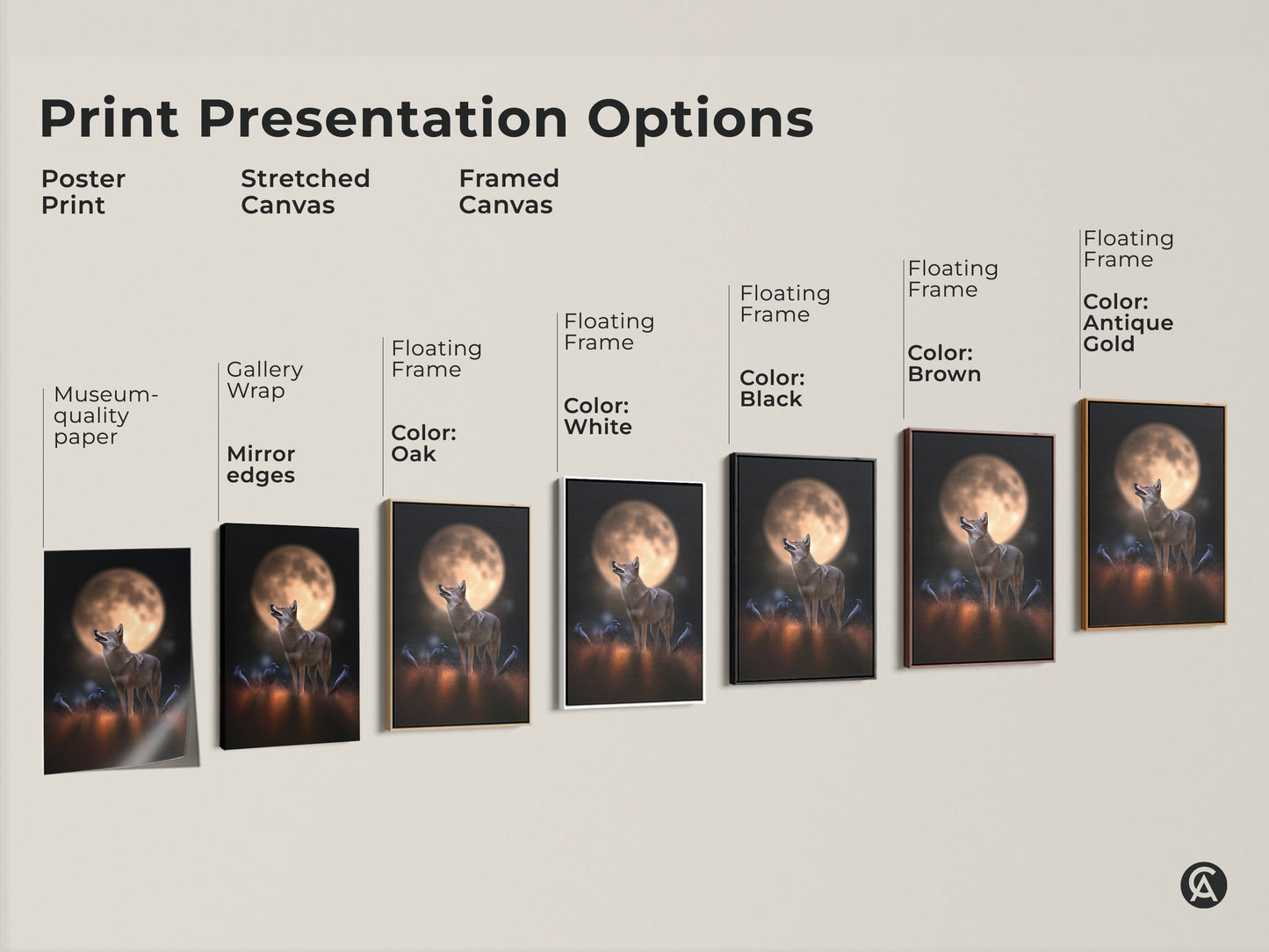 Print presentation options include poster stretched and framed canvas. Coyote and crows artwork under a moon in various colors. Choose museum-quality paper or gallery wrap. Find the perfect rustic animal artwork to match your home decor style.