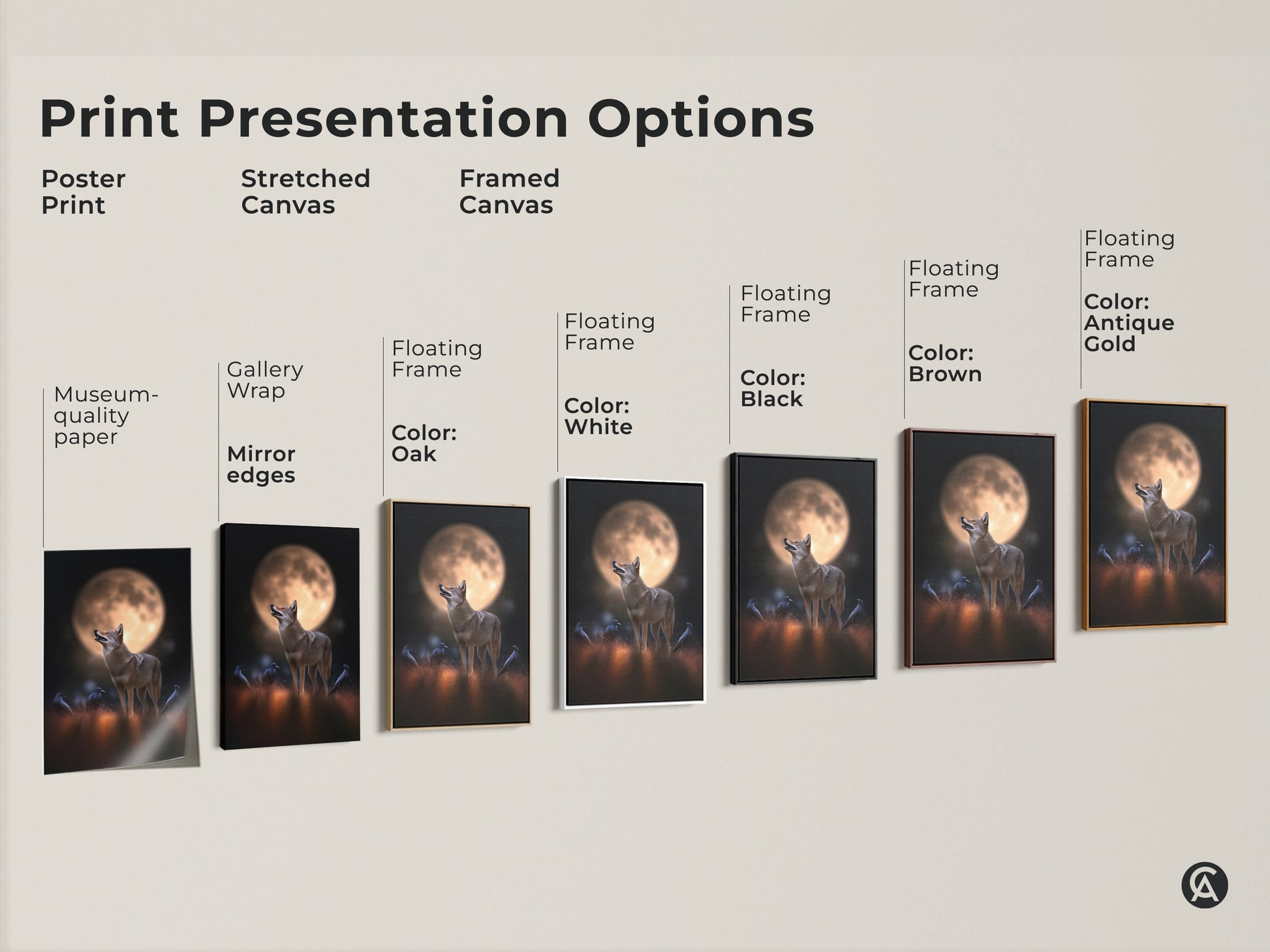 Print presentation options include poster stretched and framed canvas. Coyote and crows artwork under a moon in various colors. Choose museum-quality paper or gallery wrap. Find the perfect rustic animal artwork to match your home decor style.