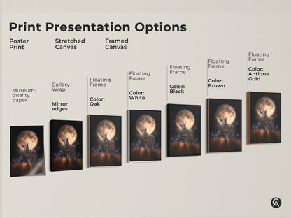 Print presentation options include poster stretched and framed canvas. Coyote and crows artwork under a moon in various colors. Choose museum-quality paper or gallery wrap. Find the perfect rustic animal artwork to match your home decor style.