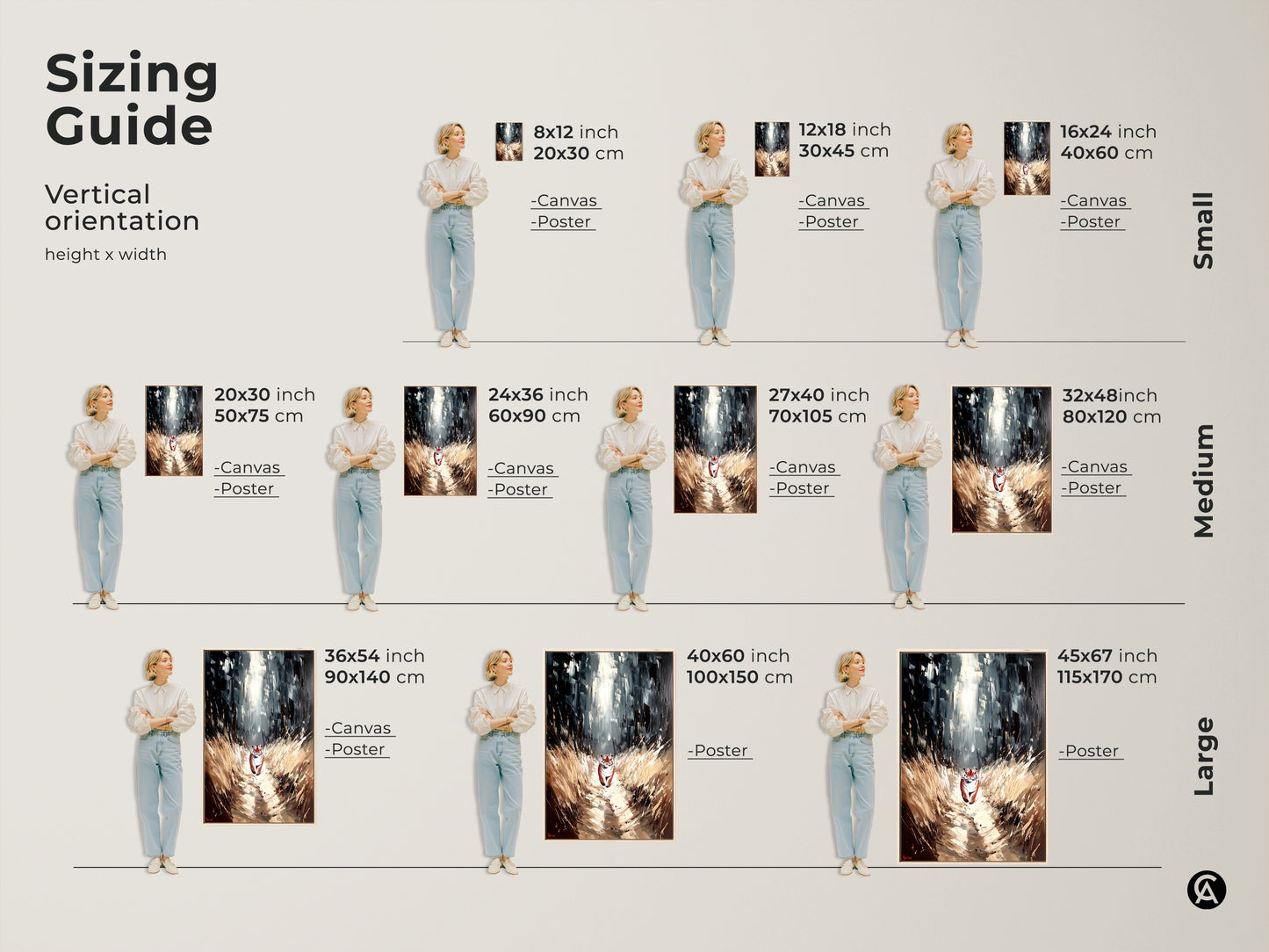 Sizing Guide for Tiger Forest Canvas Art. Vertical orientation artwork height x width. Small medium and large canvas and posters are on display with woman for size comparison