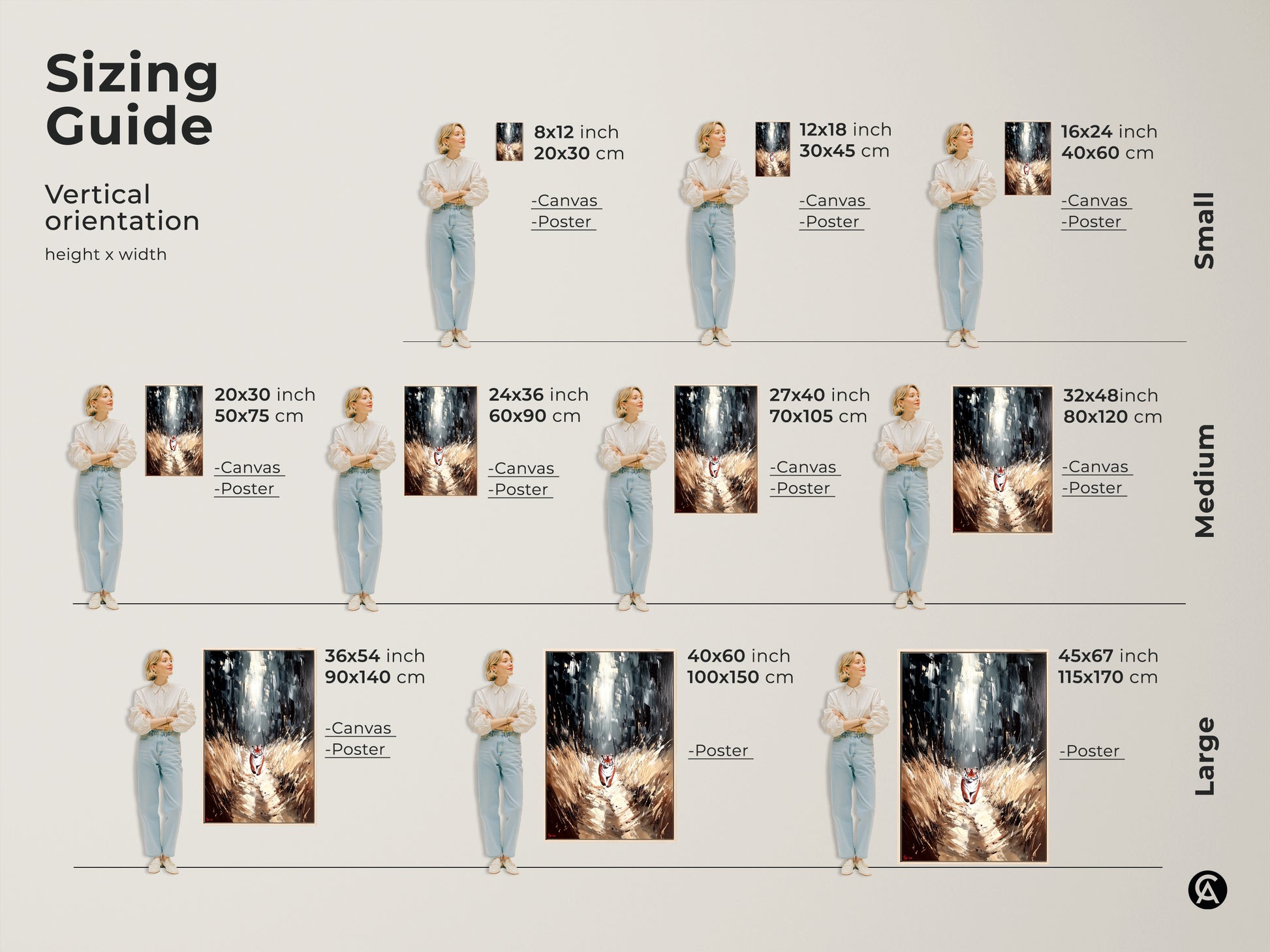 Sizing Guide for Tiger Forest Canvas Art. Vertical orientation artwork height x width. Small medium and large canvas and posters are on display with woman for size comparison
