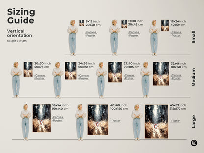Sizing Guide for Tiger Forest Canvas Art. Vertical orientation artwork height x width. Small medium and large canvas and posters are on display with woman for size comparison
