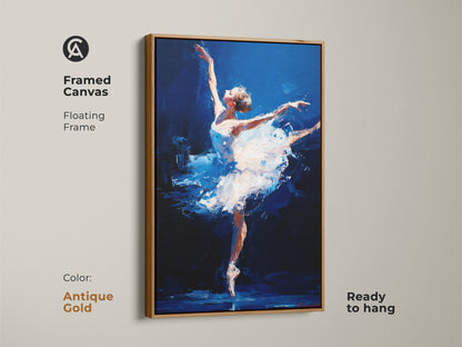 Framed canvas artwork of a ballerina. The antique gold floating frame enhances its elegance. This ready-to-hang piece showcases a dancer in a graceful pose. The painting features a stunning blue backdrop. Perfect for adding a touch of sophistication to your home or studio. Shop today!