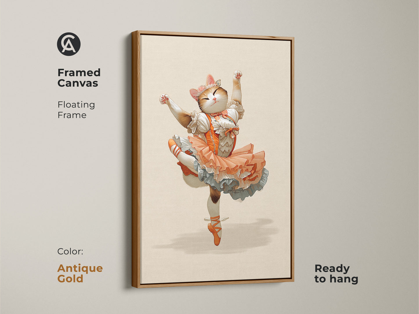 Framed canvas showcasing an orange ballerina cat. The antique gold floating frame enhances this whimsical fantasy cat art. This unique cat artwork is perfect for eclectic home decor. The cute cat is dressed in an orange tutu. This animal ballet dancer print is ready to hang.