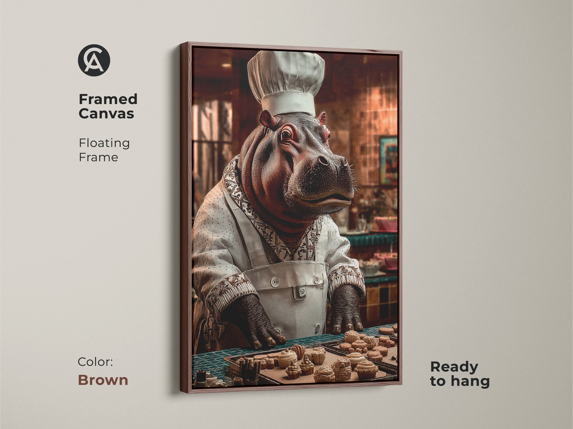 This framed canvas in brown displays the hippo chef. A unique animal painting adds personality to your walls. The anthropomorphic art print is ready to hang. This animal chef illustration makes a thoughtful foodie present idea. A perfect gift for bakers.