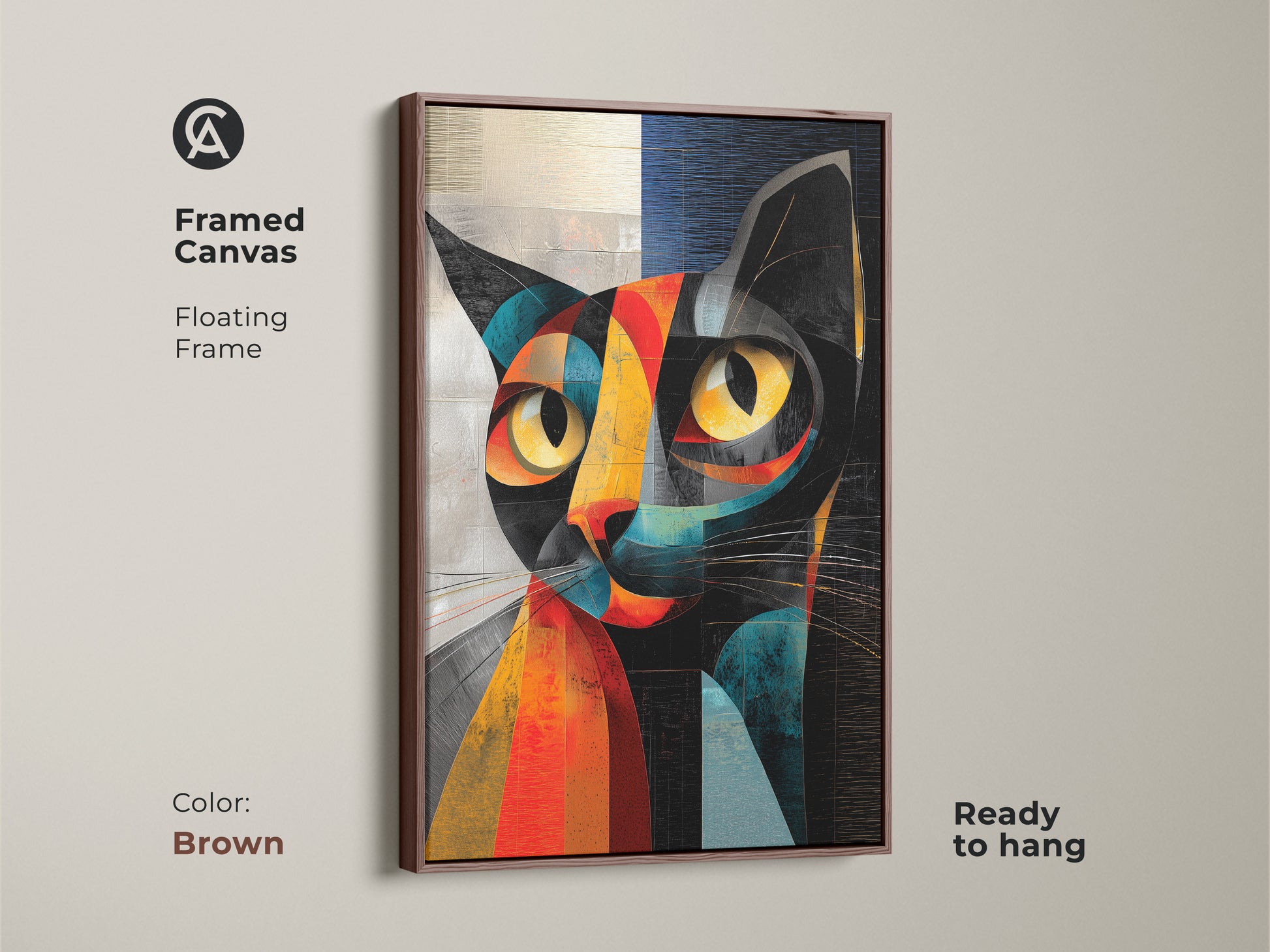Framed canvas featuring a cubist abstract cat artwork with a brown floating frame. This geometric feline art adds a touch of warmth to any room. Ready to hang the modern animal canvas print is a great choice. A unique gift for cat moms.