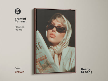 Framed Canvas of a Retro Glamour Woman Portrait. The fashion artwork features a floating frame. This piece is ready to hang in brown. Eclectic home decor adds vintage charm. It's perfect wall art for fashion lovers.