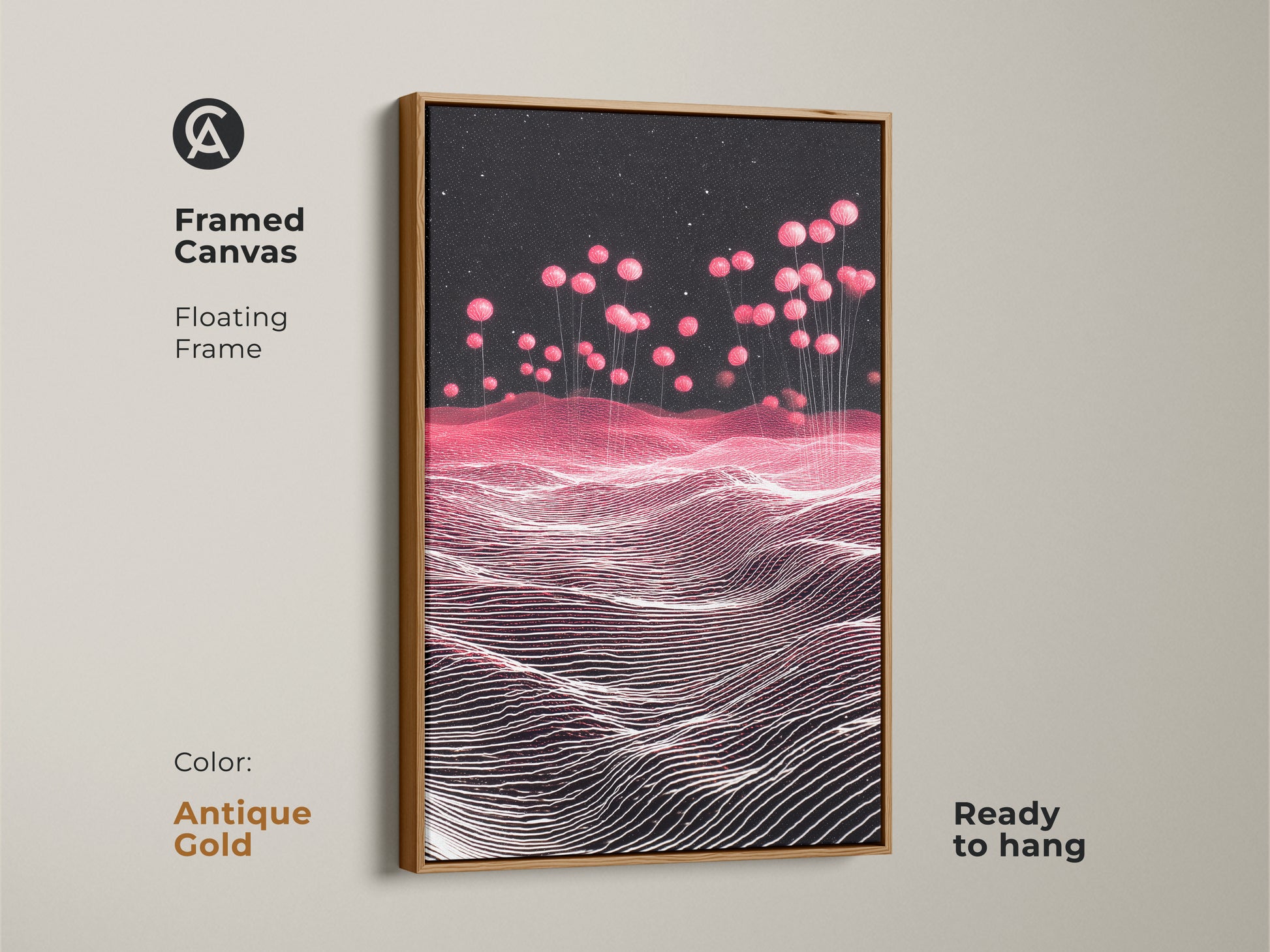 Antique Gold Framed Canvas showcasing a Sci-Fi Abstract Landscape. Pink Balloons float in a Magenta Starry Sky. This contemporary artwork is ready to hang. It's perfect as a housewarming gift. Great for adding a modern touch to any living space or bedroom.