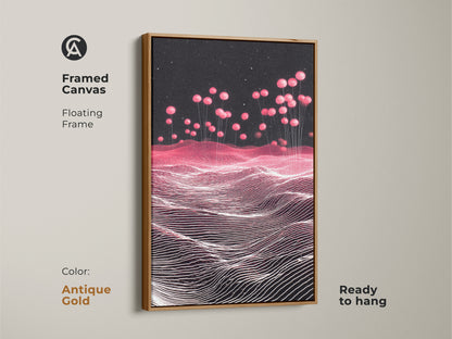 Antique Gold Framed Canvas showcasing a Sci-Fi Abstract Landscape. Pink Balloons float in a Magenta Starry Sky. This contemporary artwork is ready to hang. It's perfect as a housewarming gift. Great for adding a modern touch to any living space or bedroom.