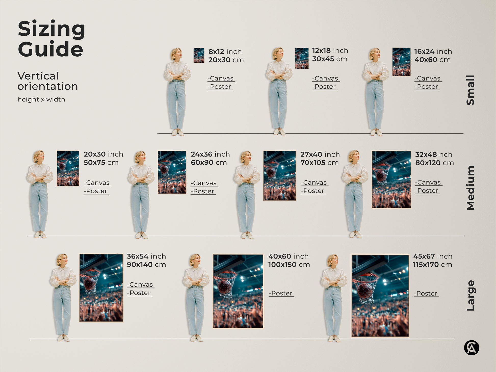 Sizing guide for vertical basketball art prints. Available in small medium and large sizes. Options include canvas and poster prints. Find the perfect size to fit your space and style. Enhance your decor with sports art.