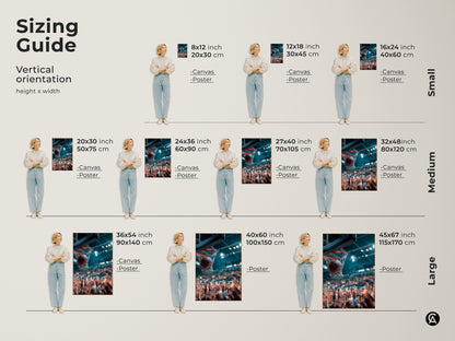 Sizing guide for vertical basketball art prints. Available in small medium and large sizes. Options include canvas and poster prints. Find the perfect size to fit your space and style. Enhance your decor with sports art.