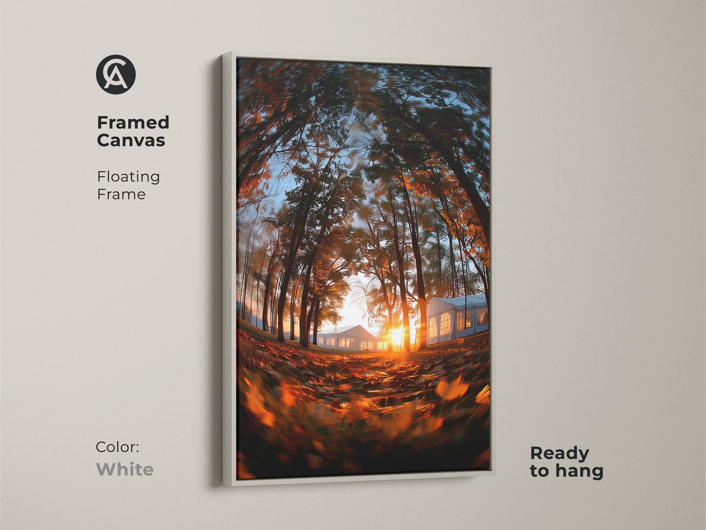 Framed canvas artwork showing a sunset forest scene with a white floating frame. Ready to hang. This modern art piece complements any interior. The sun shines behind distant tents. Buy this unique framed canvas today.