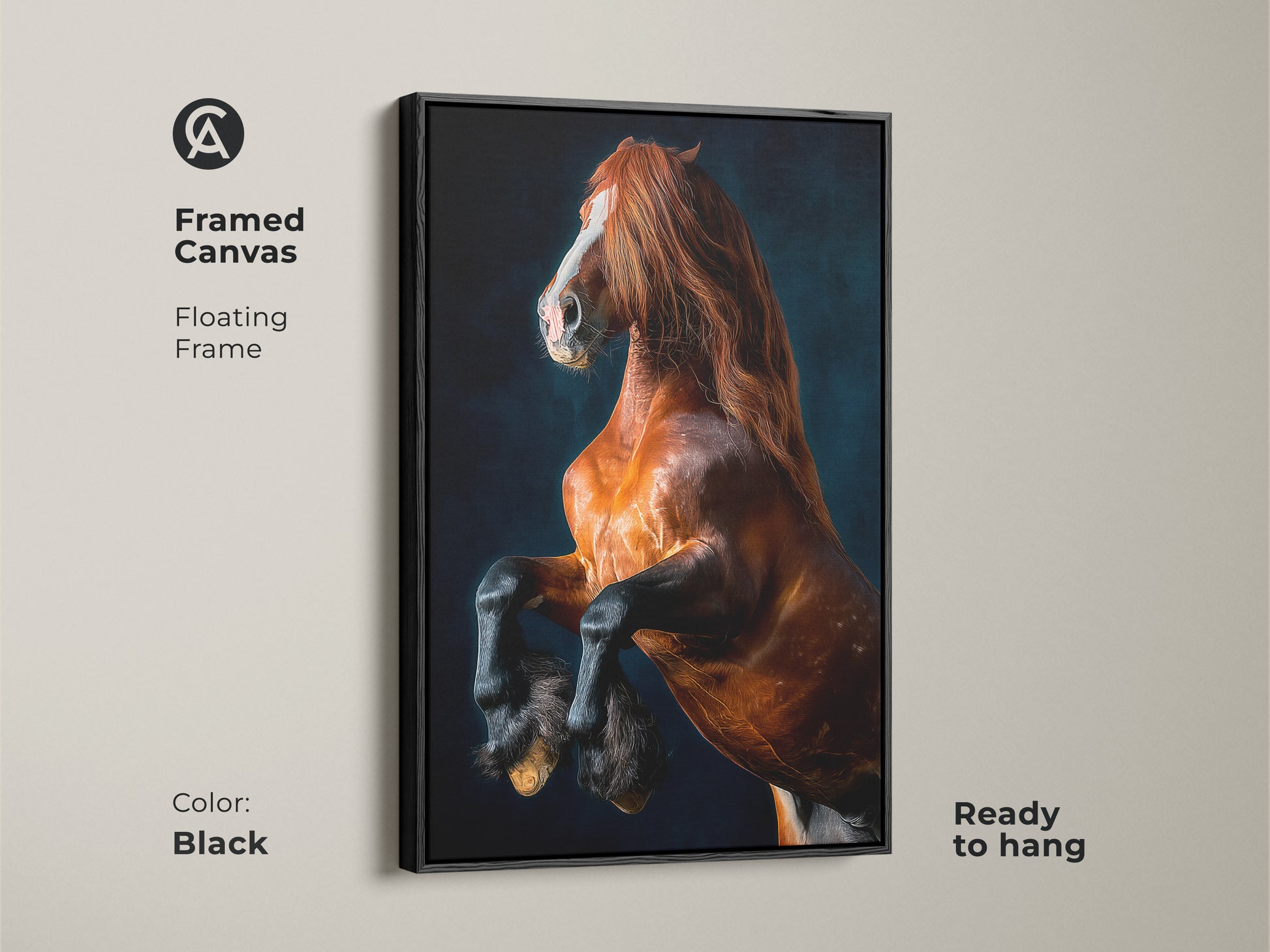Framed canvas featuring a rearing brown horse. This equine animal artwork adds contemporary wildlife decor to any room. Ready to hang with a sleek black floating frame. A perfect gift for horse lovers appreciating equestrian themes. Adds bold elegance.