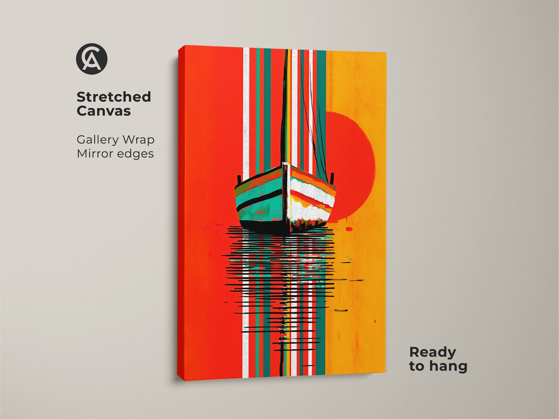 Stretched canvas featuring an abstract sailboat print is ready to hang. The coastal sunset wall art showcases a nautical seascape. It has orange teal and yellow hues.