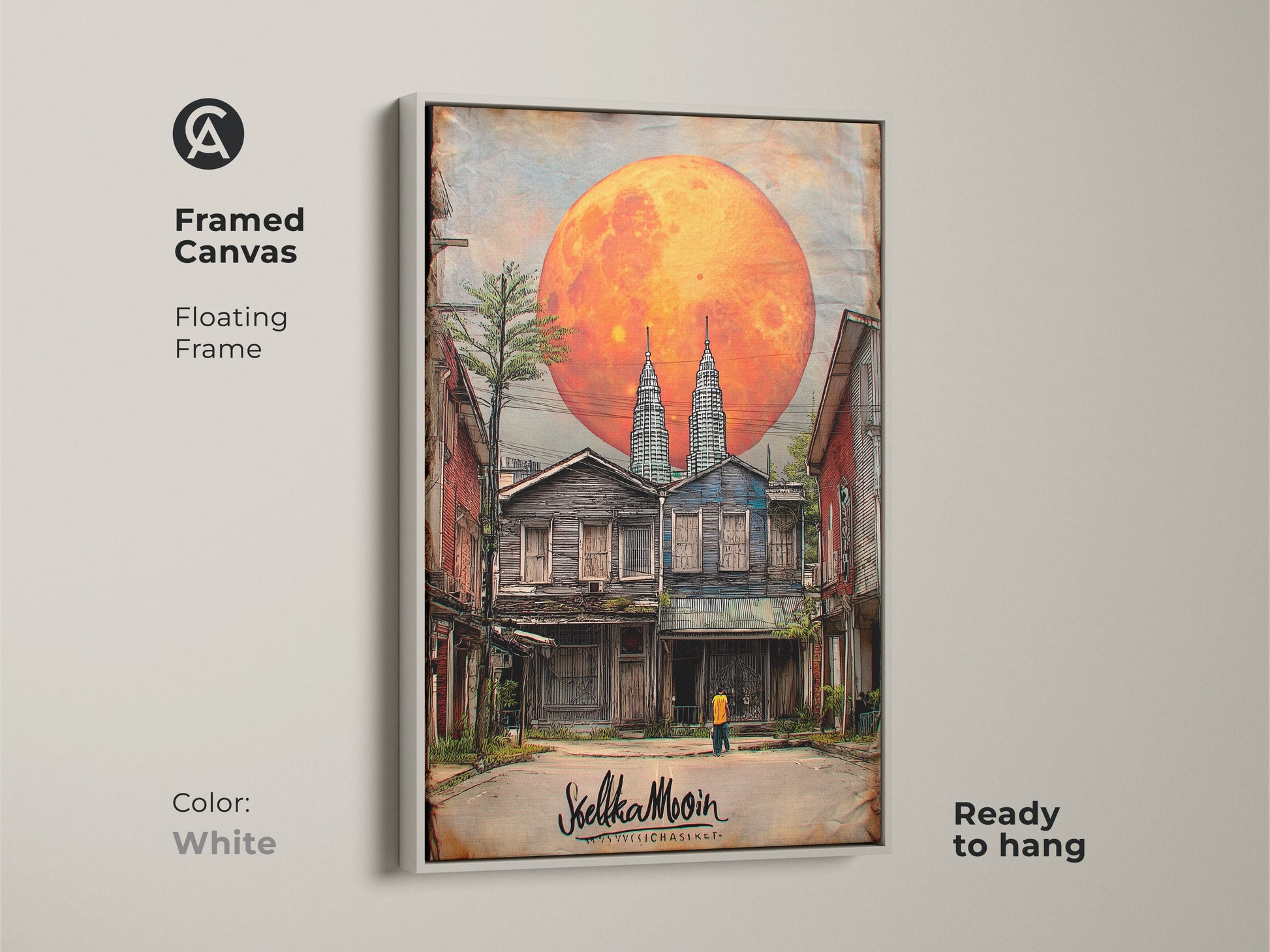 Framed canvas presents surreal cityscape artwork with Twin Towers below an orange moon. A white floating frame highlights this digital fantasy art. Ready to hang this piece adds an eclectic touch to any bedroom decor. Great travel gift.