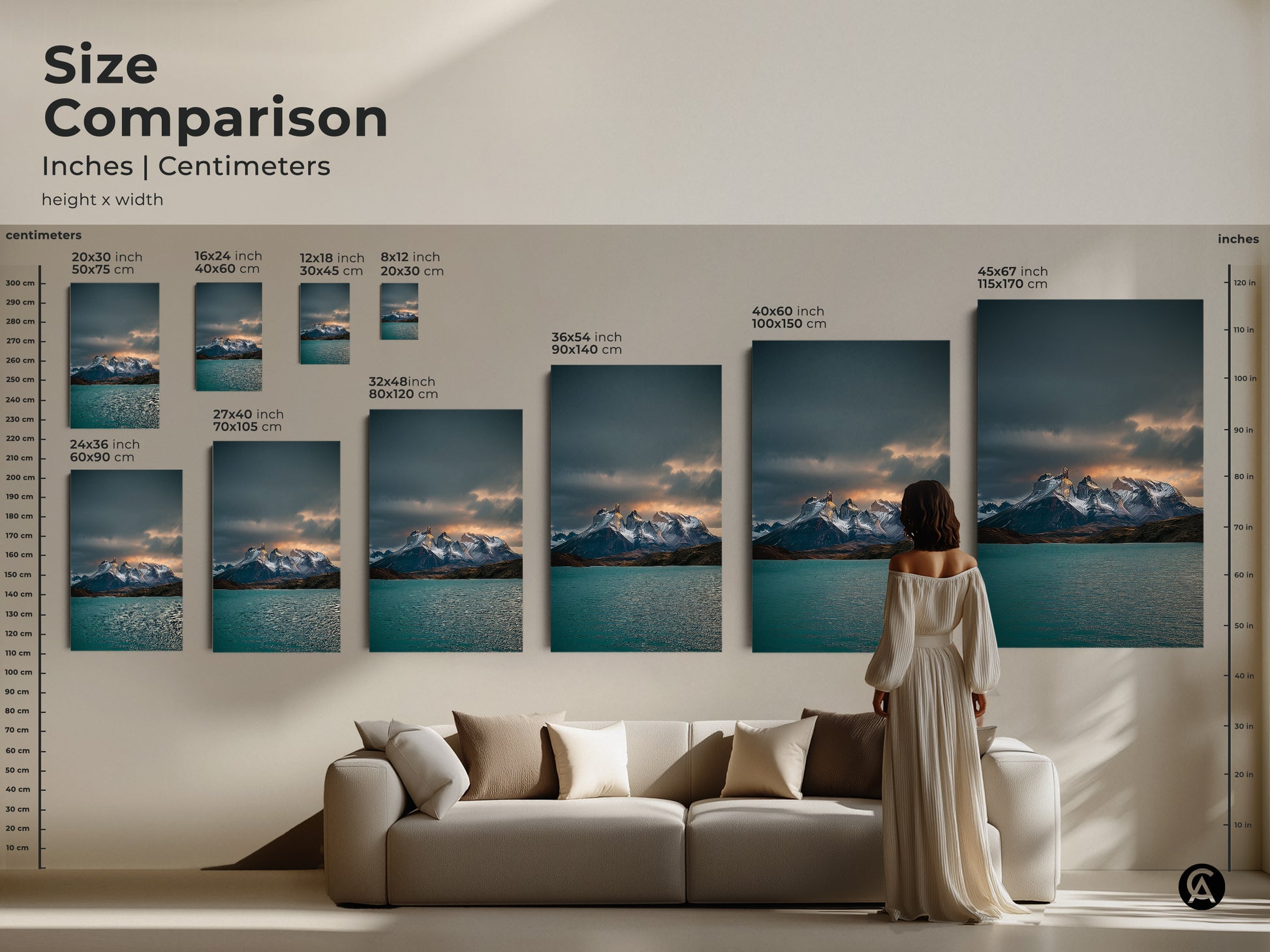 Size comparison of teal lake and snowy peaks landscape canvas art prints. Showcase of various sizes to enhance your modern home decor. A great addition to any living space.