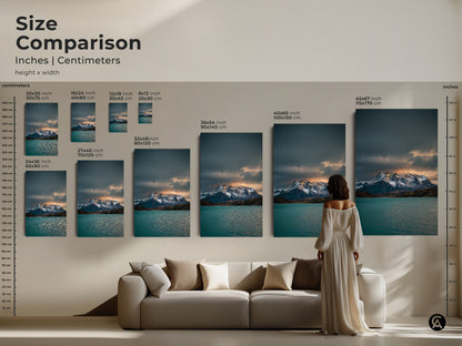 Size comparison of teal lake and snowy peaks landscape canvas art prints. Showcase of various sizes to enhance your modern home decor. A great addition to any living space.