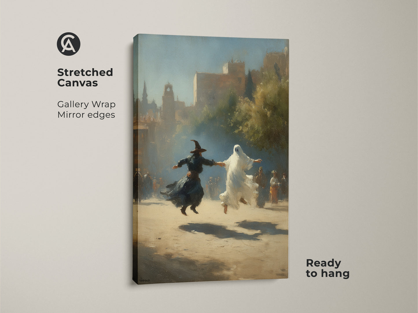 Stretched canvas of sepia tone gothic art shows a witch and ghost dancing. This gallery wrapped canvas is ready to hang. It's Halloween fantasy wall art in classical realism style. Display earth tone wall decor in a study room or eclectic home.
