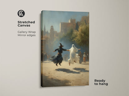 Stretched canvas of sepia tone gothic art shows a witch and ghost dancing. This gallery wrapped canvas is ready to hang. It's Halloween fantasy wall art in classical realism style. Display earth tone wall decor in a study room or eclectic home.