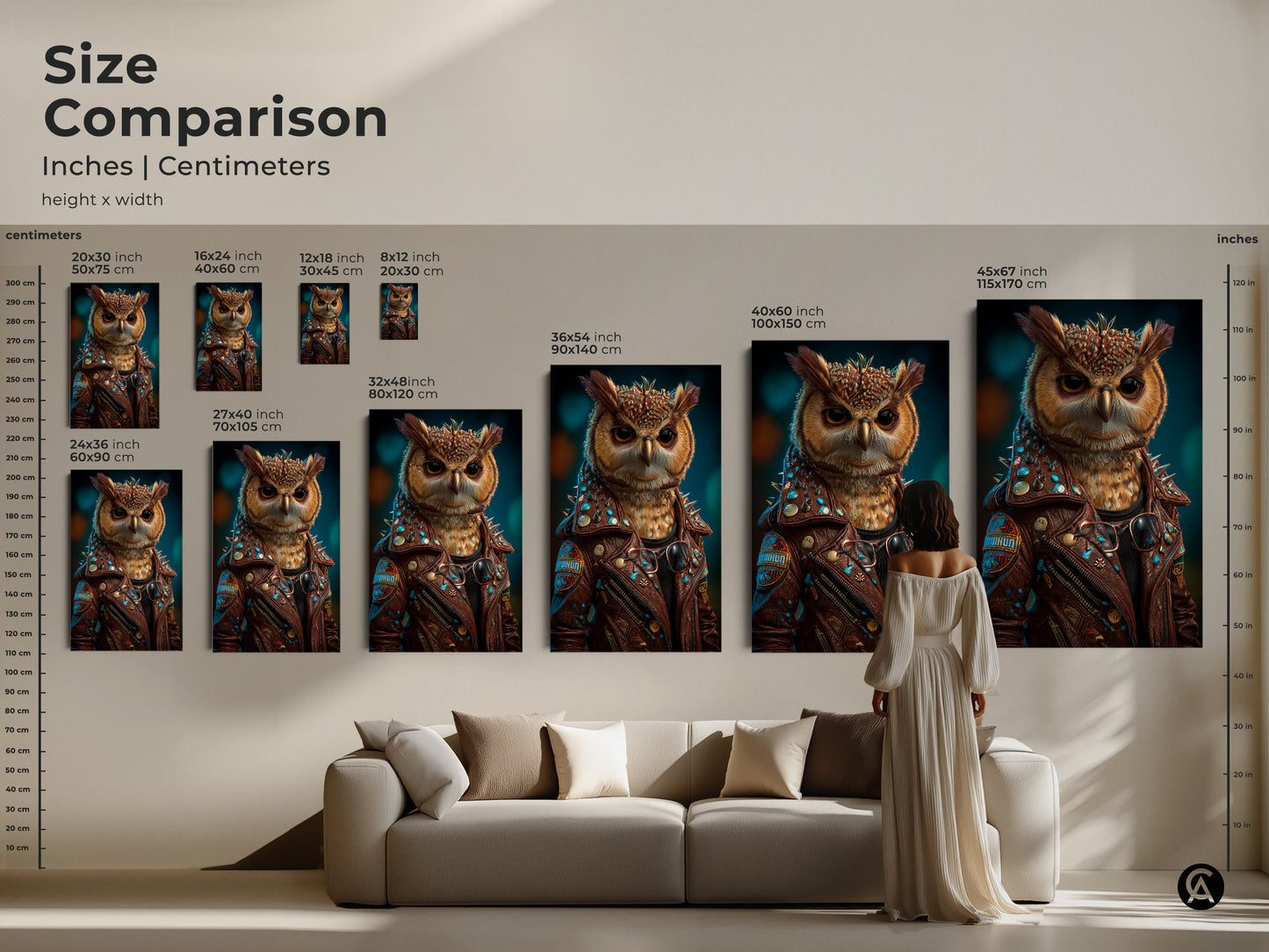 A size comparison shows the surreal owl artwork in inches and centimeters. It displays the animal character art in a living room setting. The artwork is available in different sizes as canvas or poster prints. This eclectic artwork adds character to living rooms. A fantastic gift for animal lovers and great for men's office decor.