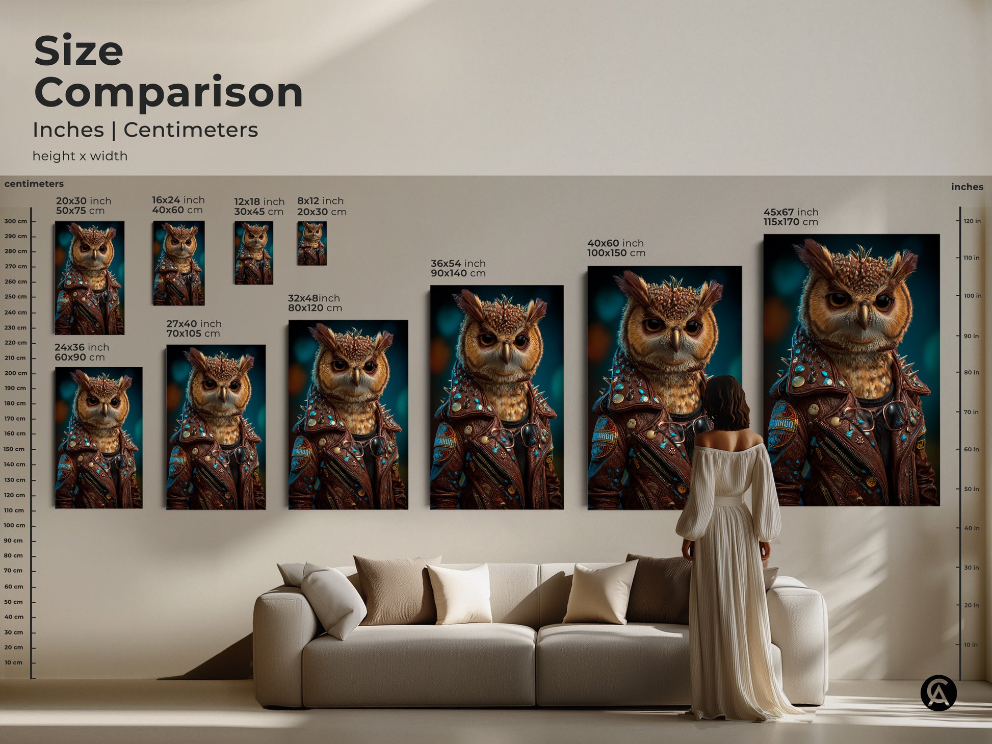 A size comparison shows the surreal owl artwork in inches and centimeters. It displays the animal character art in a living room setting. The artwork is available in different sizes as canvas or poster prints. This eclectic artwork adds character to living rooms. A fantastic gift for animal lovers and great for men's office decor.