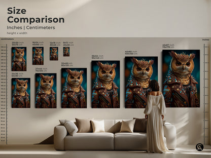A size comparison shows the surreal owl artwork in inches and centimeters. It displays the animal character art in a living room setting. The artwork is available in different sizes as canvas or poster prints. This eclectic artwork adds character to living rooms. A fantastic gift for animal lovers and great for men's office decor.