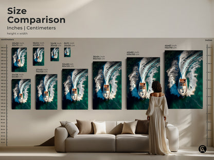 Size comparison of the speedboat art print in inches and centimeters. See how the aerial artwork looks in various sizes above a sofa. The speedboat cuts through deep teal water creating a dynamic white wake. Choose the perfect size for your modern nautical wall decor.