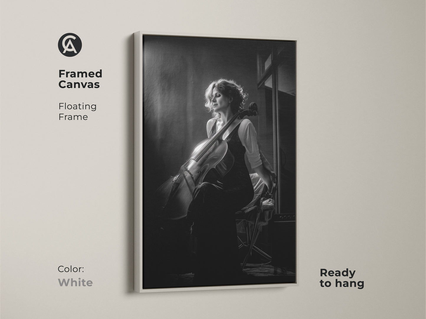Framed canvas featuring a cellist portrait in black and white. The artwork features a white floating frame. Ready to hang this piece adds a minimalist touch to your decor. Perfect for contemporary music rooms or home studios. A thoughtful gift for musicians and music lovers.