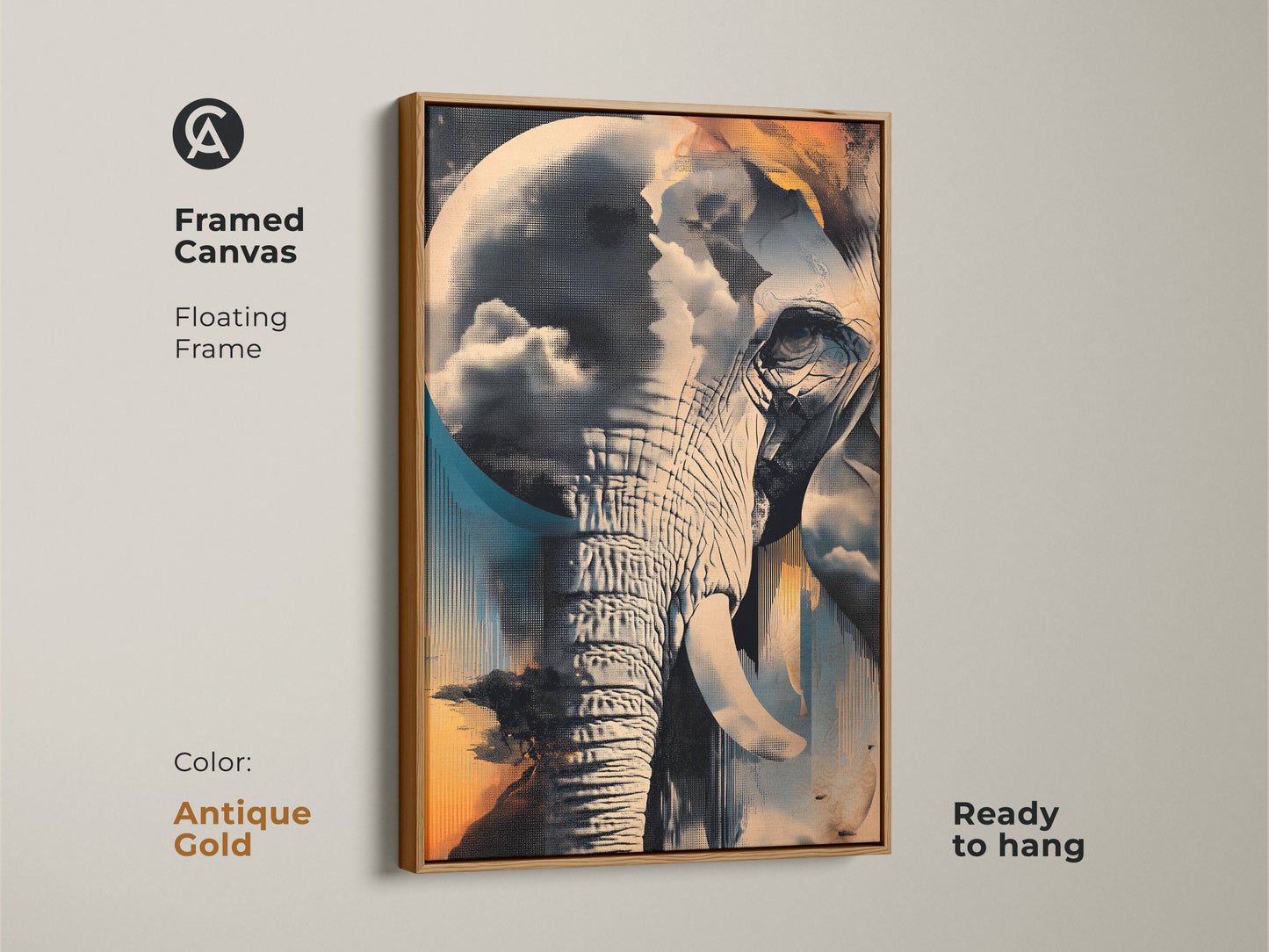 Framed canvas art of a surreal elephant in an antique gold floating frame. The abstract animal artwork features teal blue and orange colors. Eclectic decor of nature and dreamlike elements. Artistic landscape painting for living spaces. A housewarming gift idea for admirers of surrealism is ready to hang.