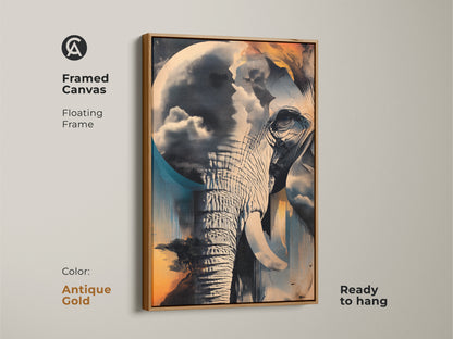 Framed canvas art of a surreal elephant in an antique gold floating frame. The abstract animal artwork features teal blue and orange colors. Eclectic decor of nature and dreamlike elements. Artistic landscape painting for living spaces. A housewarming gift idea for admirers of surrealism is ready to hang.
